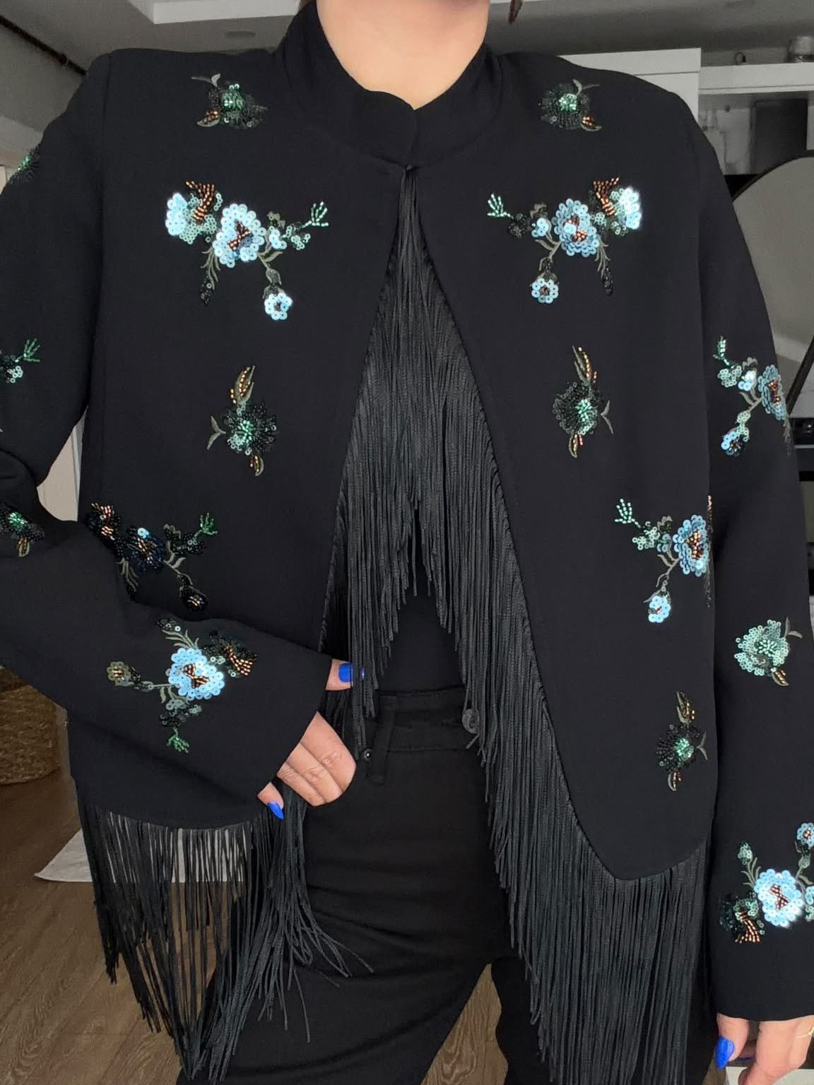 Sequin Floral Embroidery Fringe Jacket