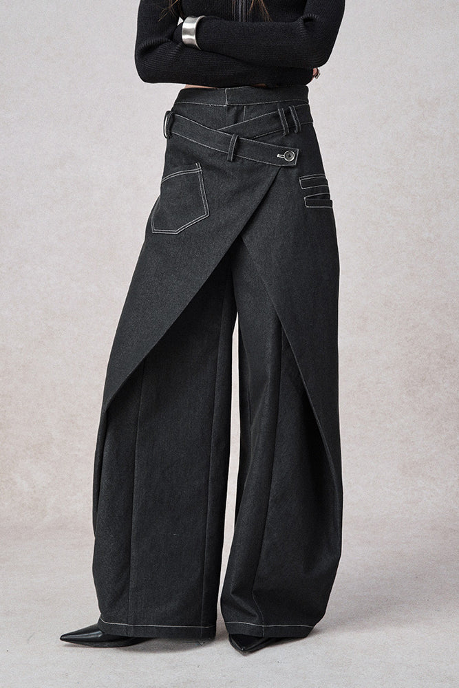 Swinging Symphony Fake Two-Piece Wide-Leg Jeans