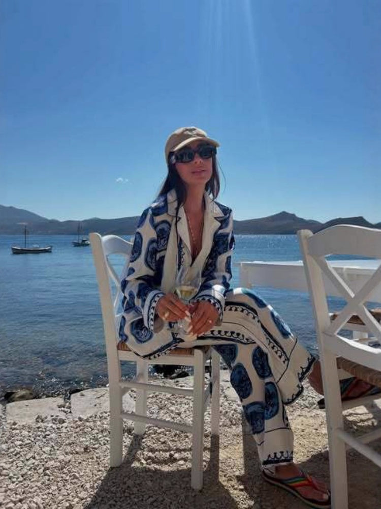 Elegance Blue Checkerboard Pants Sets