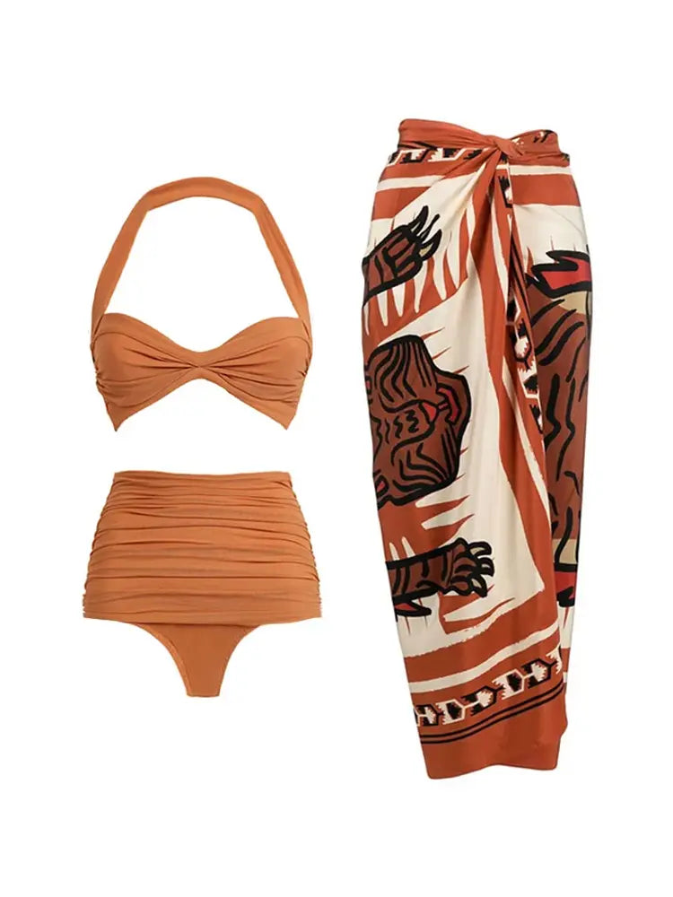 Halter Mesh Patchwork Vintage Bikini Set