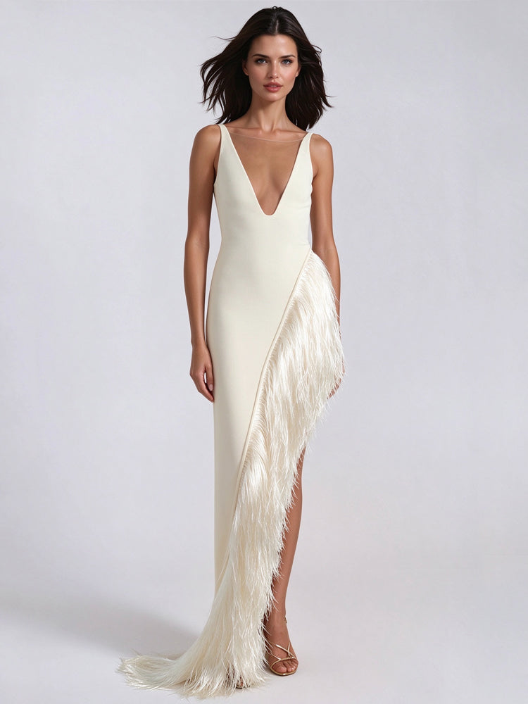 Ivory Asymmetric Fringe Gown