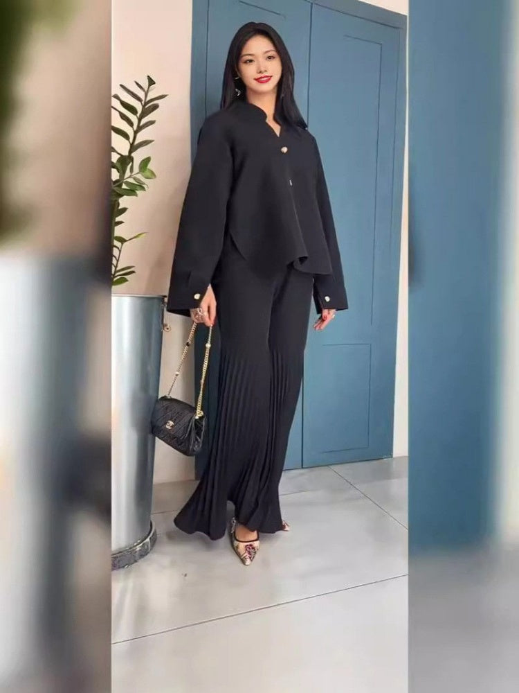 Pleated Shirt Flare Pants Set
