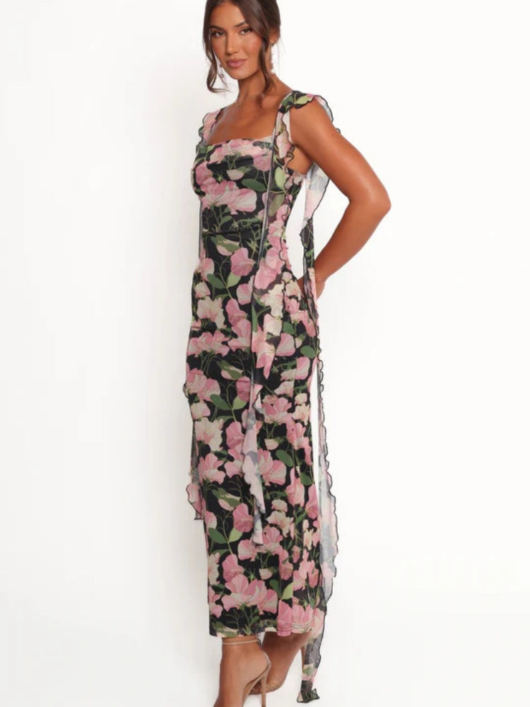 Floral Print Ribbon Laces Dress