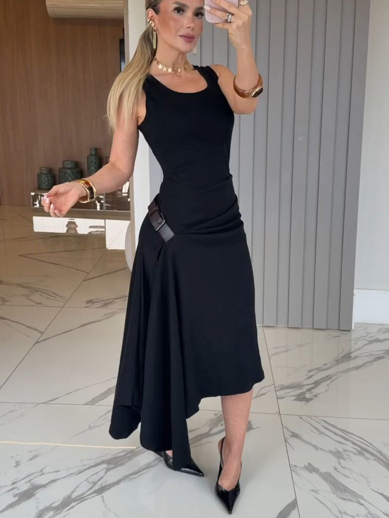 Belted Asymmetrical Hem Midi Dress
