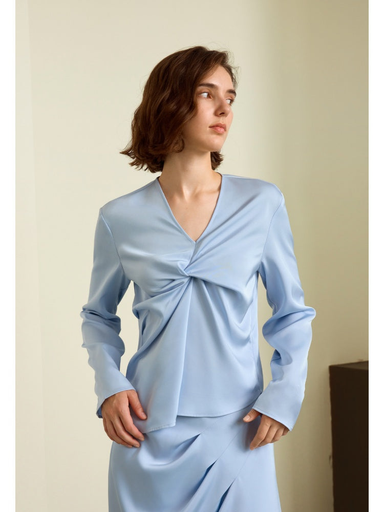 V-Neck Knot Blouse & Skirt Ensemble