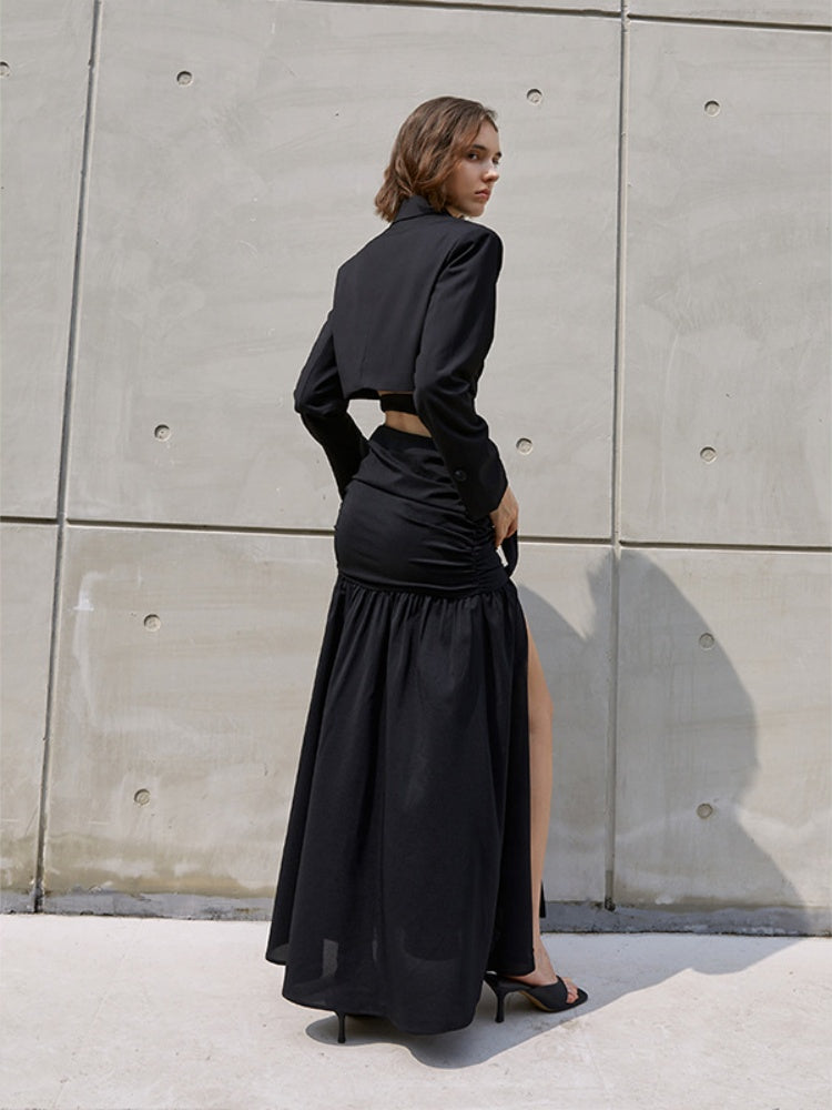 Black  High-Slit High-Waist  A-Line Skirt