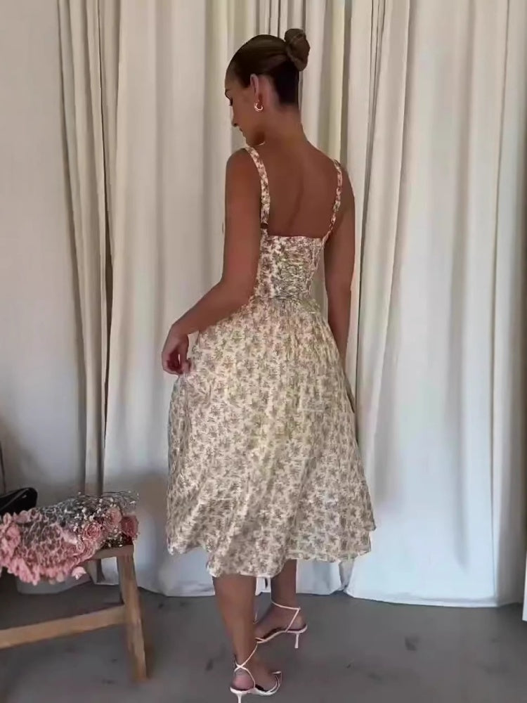 Backless Floral Slit Midi Dress