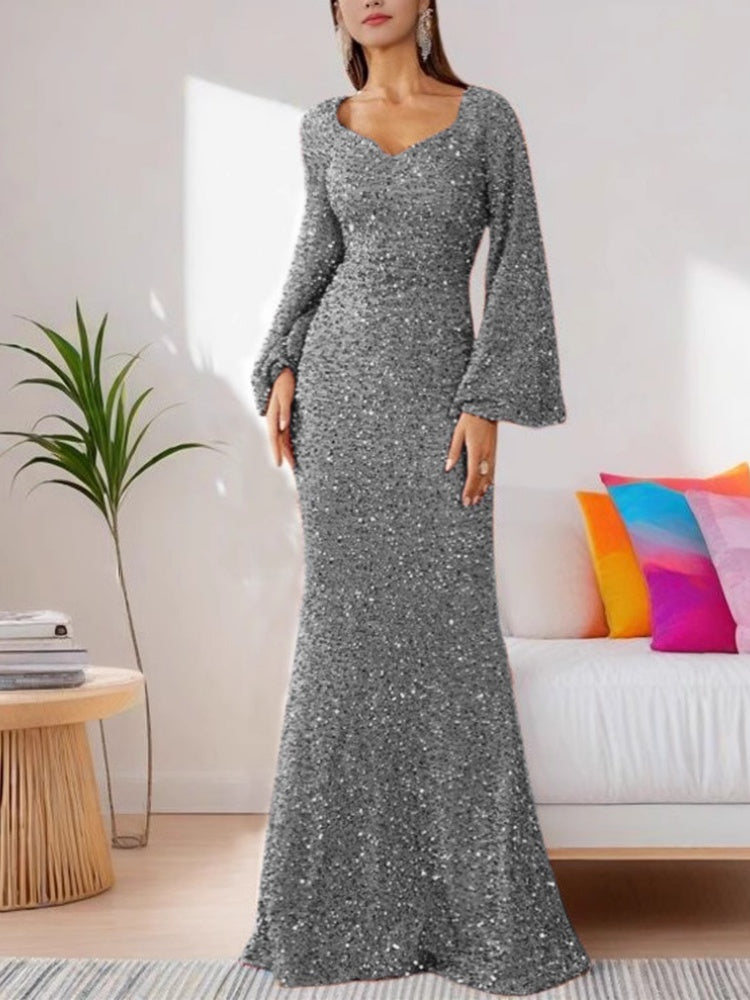 Sparkling Flare Sleeve Evening Gown