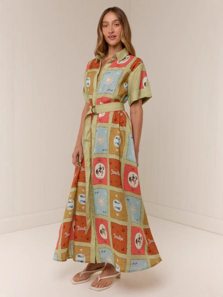Shirt Collar Linen Long Dress