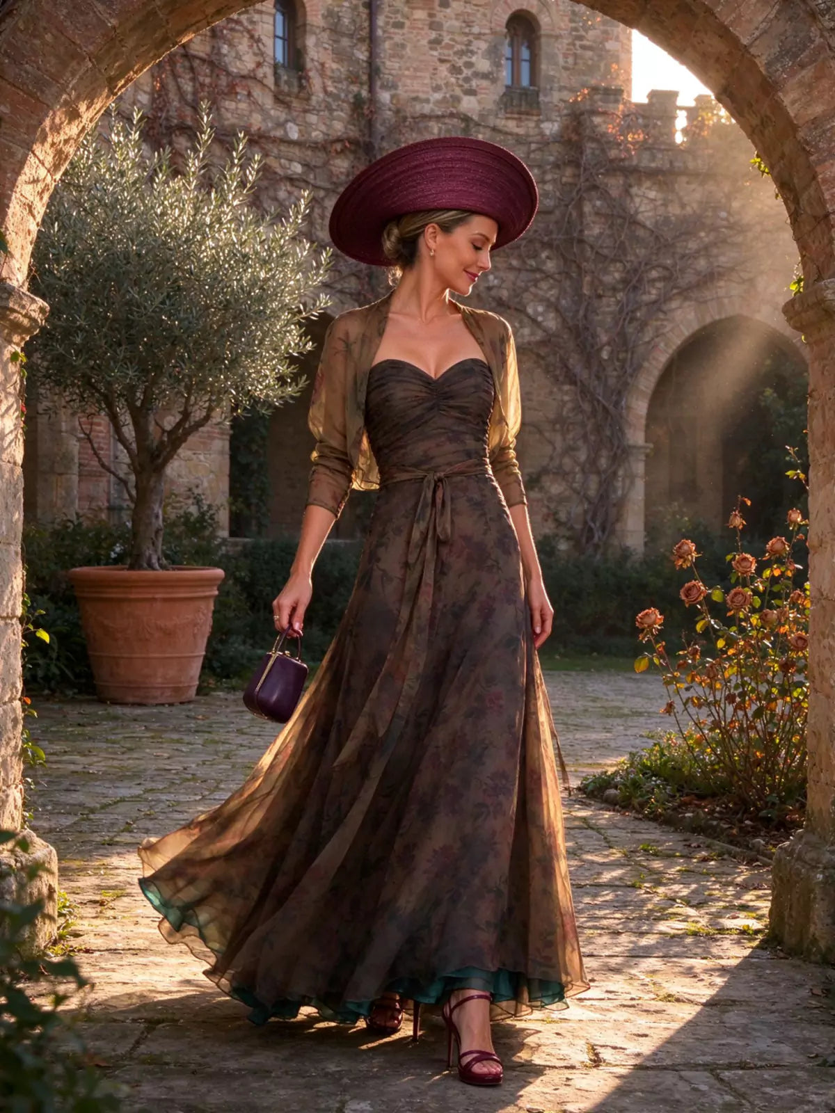 Contessa Floral Chiffon Gown with Sheer Bolero
