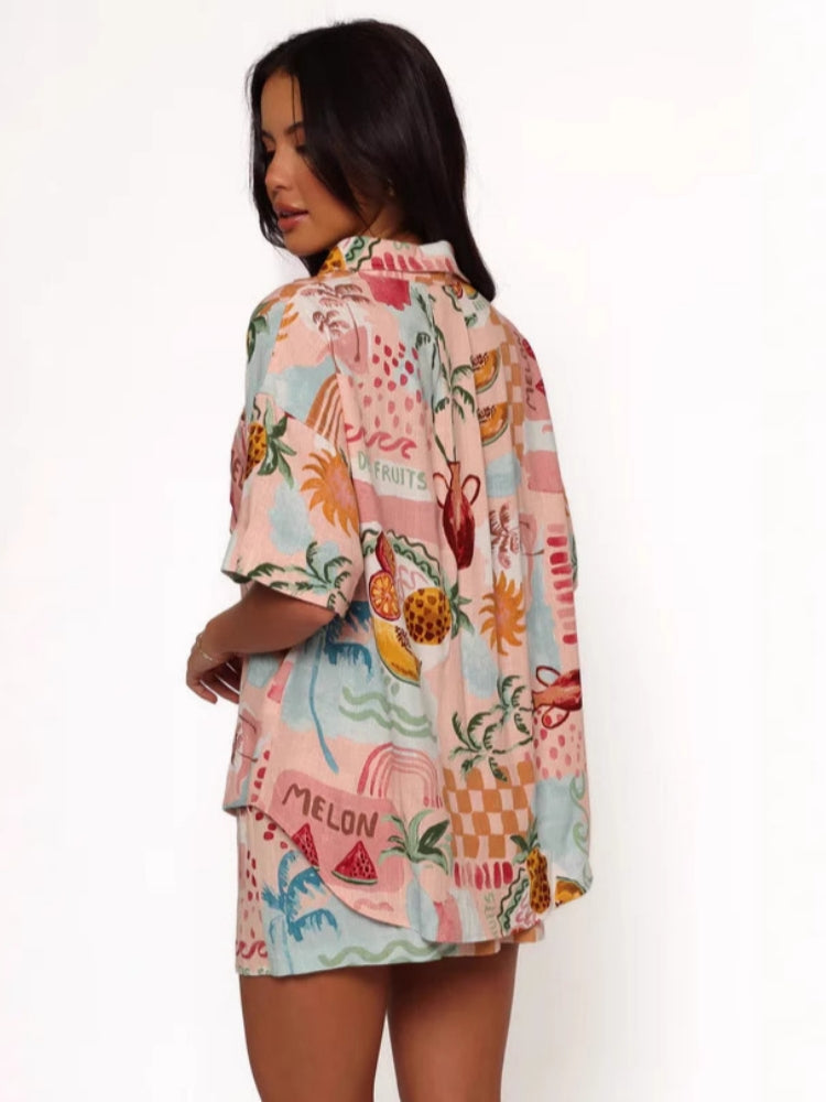 Stylish Linen Print Shirt Shorts Set