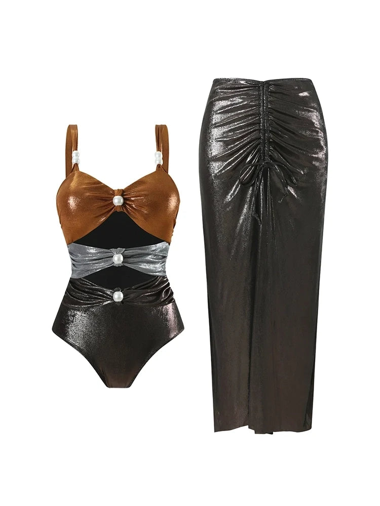 Pearl Cutout Swimsuit with Wrap Skirt Set