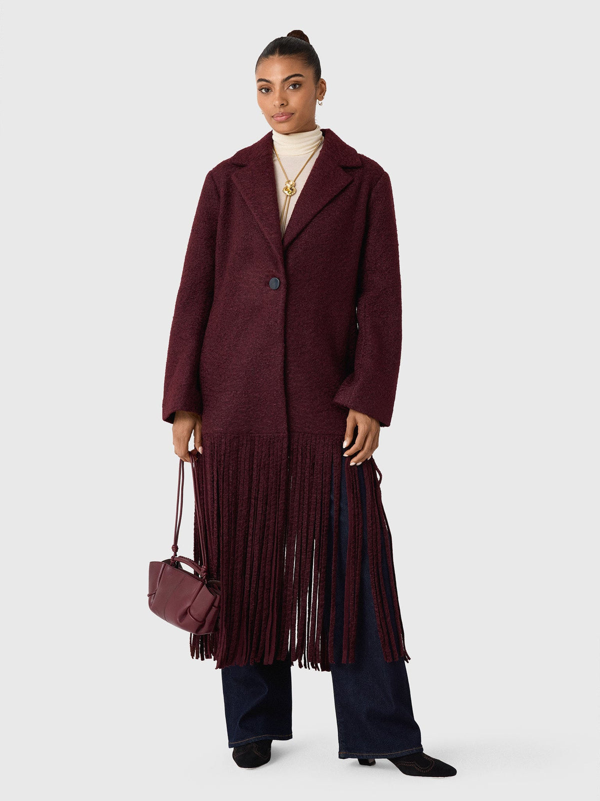 Bordeaux Long Fringe Statement Coat