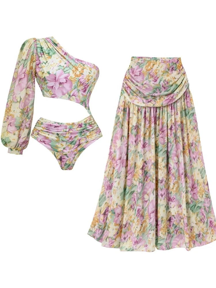 One Shoulder Cutout Floral Swimsuit Set