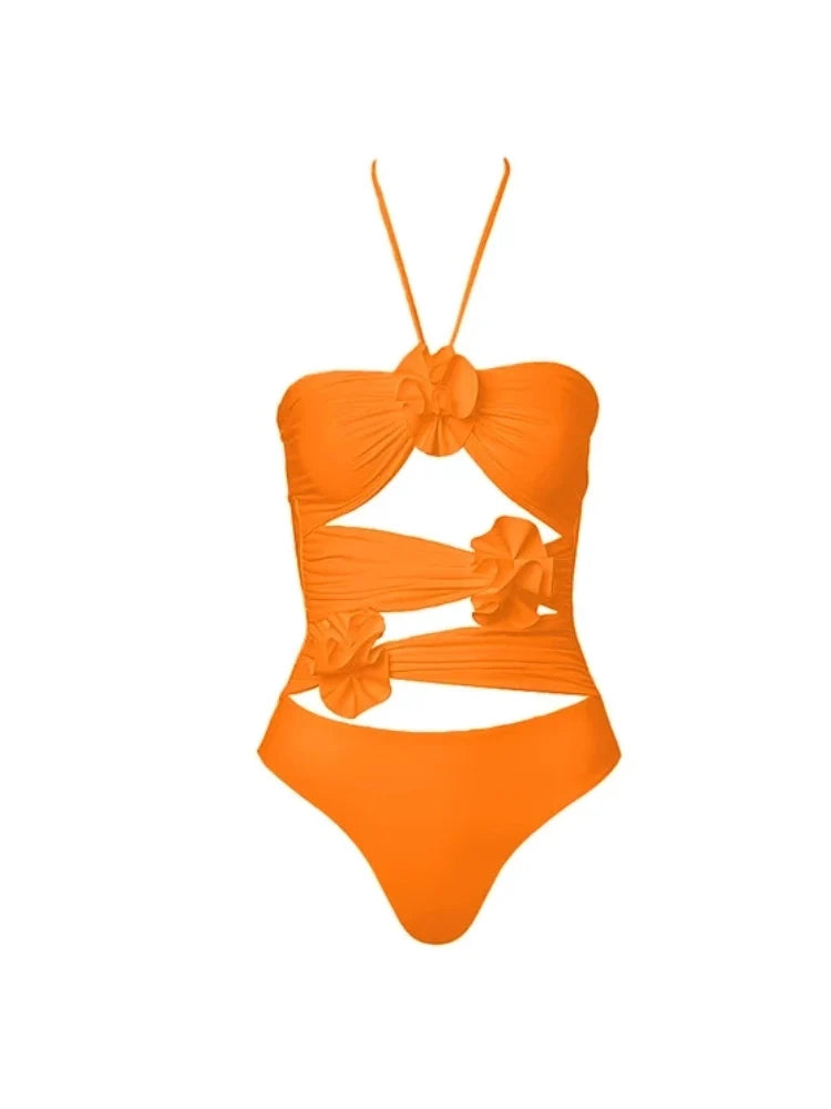 Halter 3D Floral Backless One Piece Swimsuit