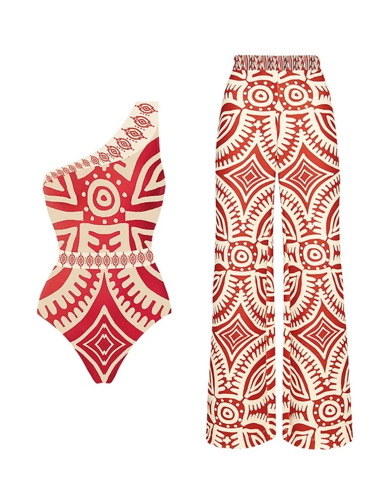 One Shoulder Ethnic Print One Piece Swimsuit