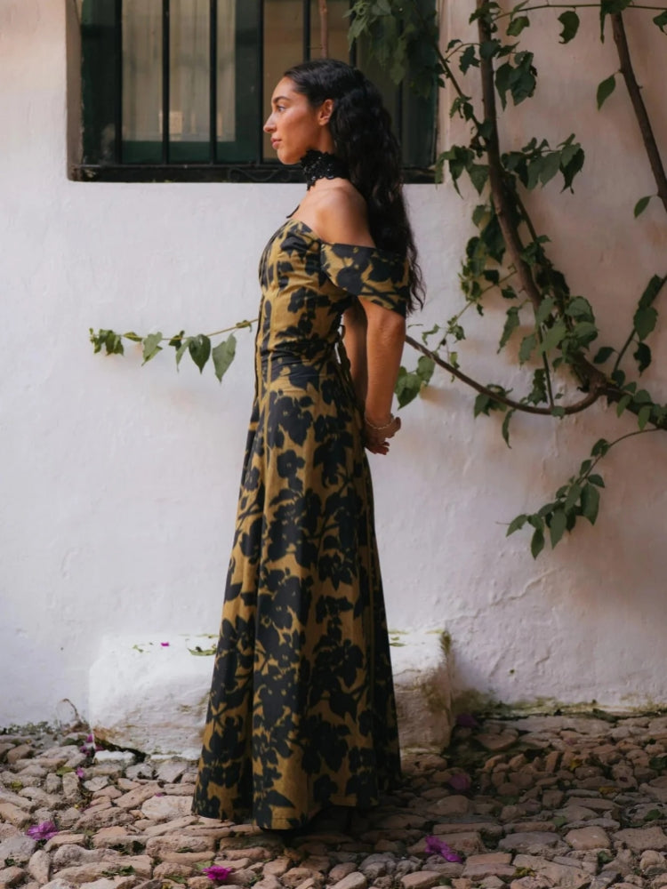 Vintage Print Strapless Maxi Dress