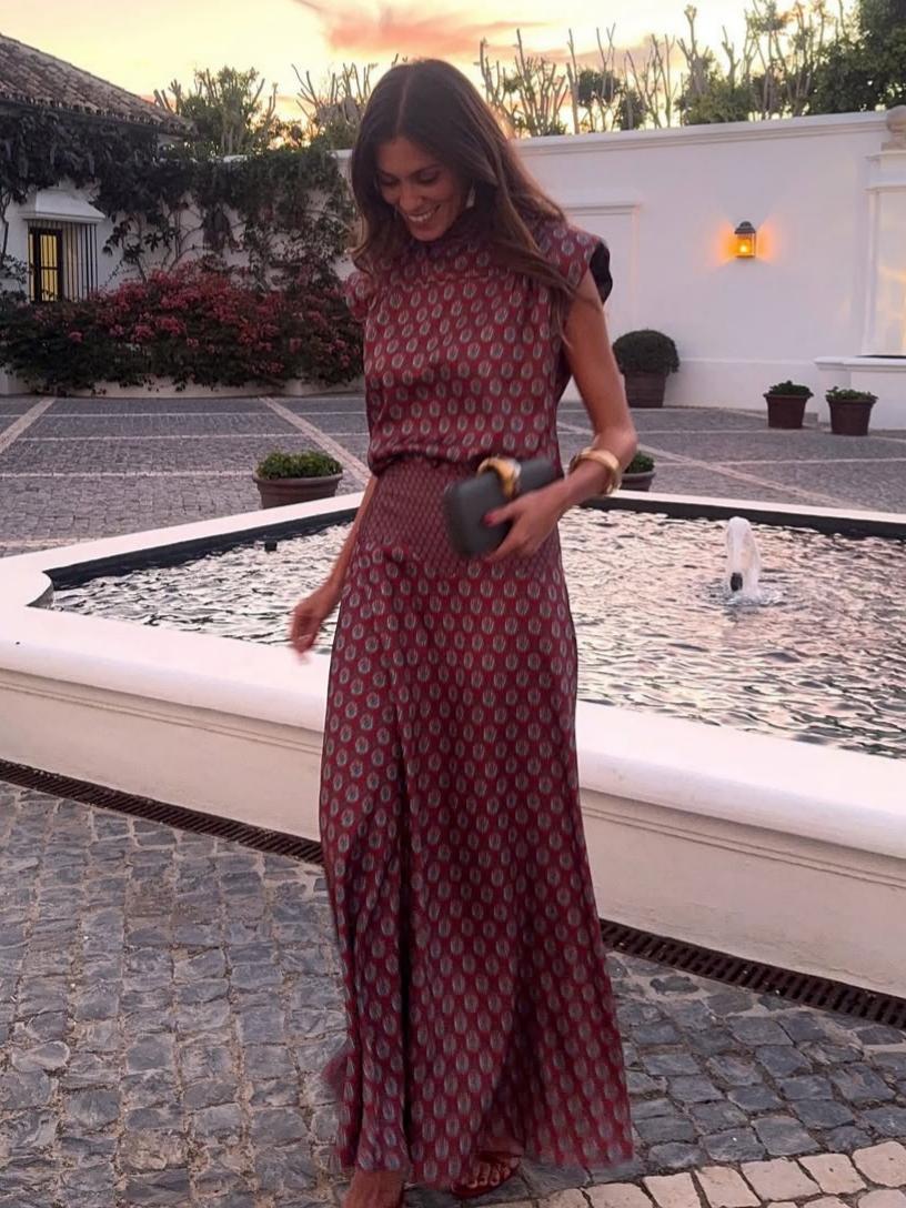 Retro Print Scarf Neck Top & Flowing Maxi Skirt Two-Piece Set
