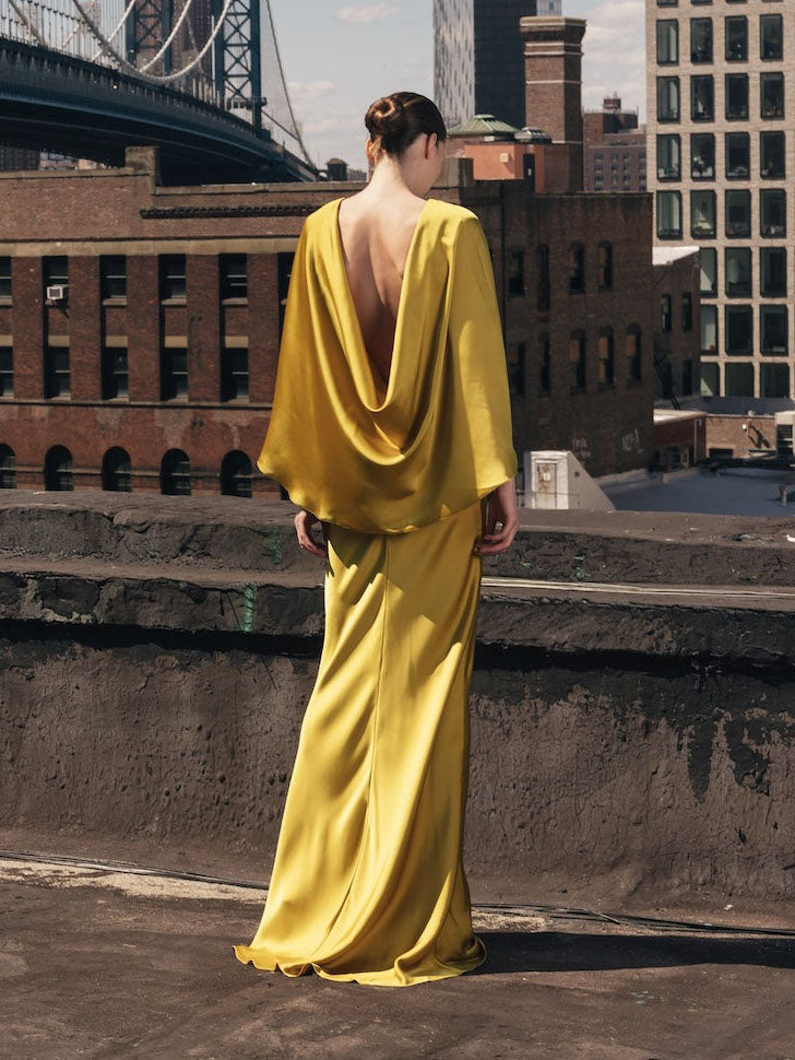 Olive Satin Cape Sleeve Cowl Back Maxi Dress