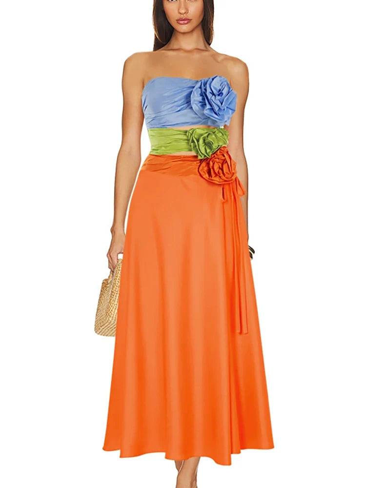 Spaghetti Strap Floral Cutout Colorblock Set