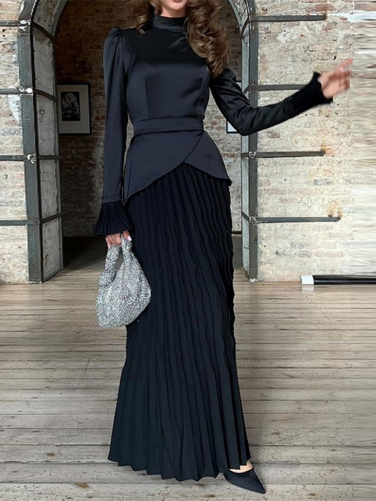 Color Block Splicing Slim Fit Lace-Up Long Sleeve Maxi Dress