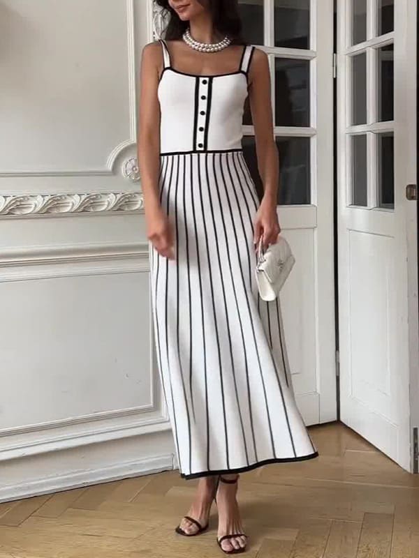 Striped Colorblock Knit Spaghetti Strap Midi Dress
