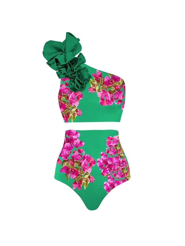 One-Shoulder Printed High-Waist Bikini Set