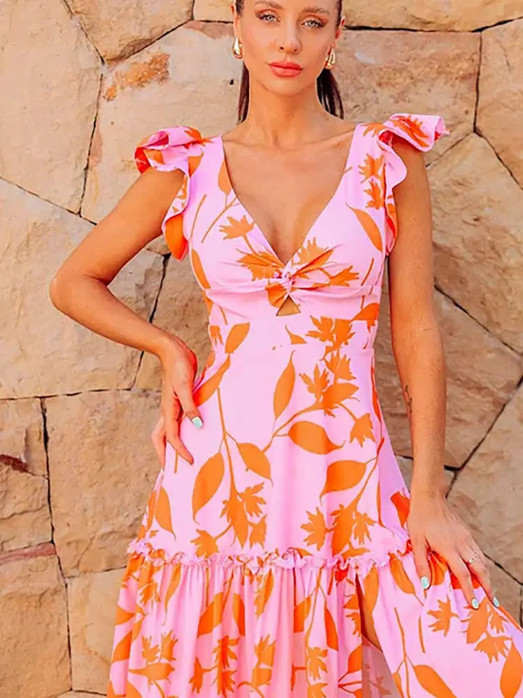 Ruffle Trim Beach Vacation Printed Swimsuit Set