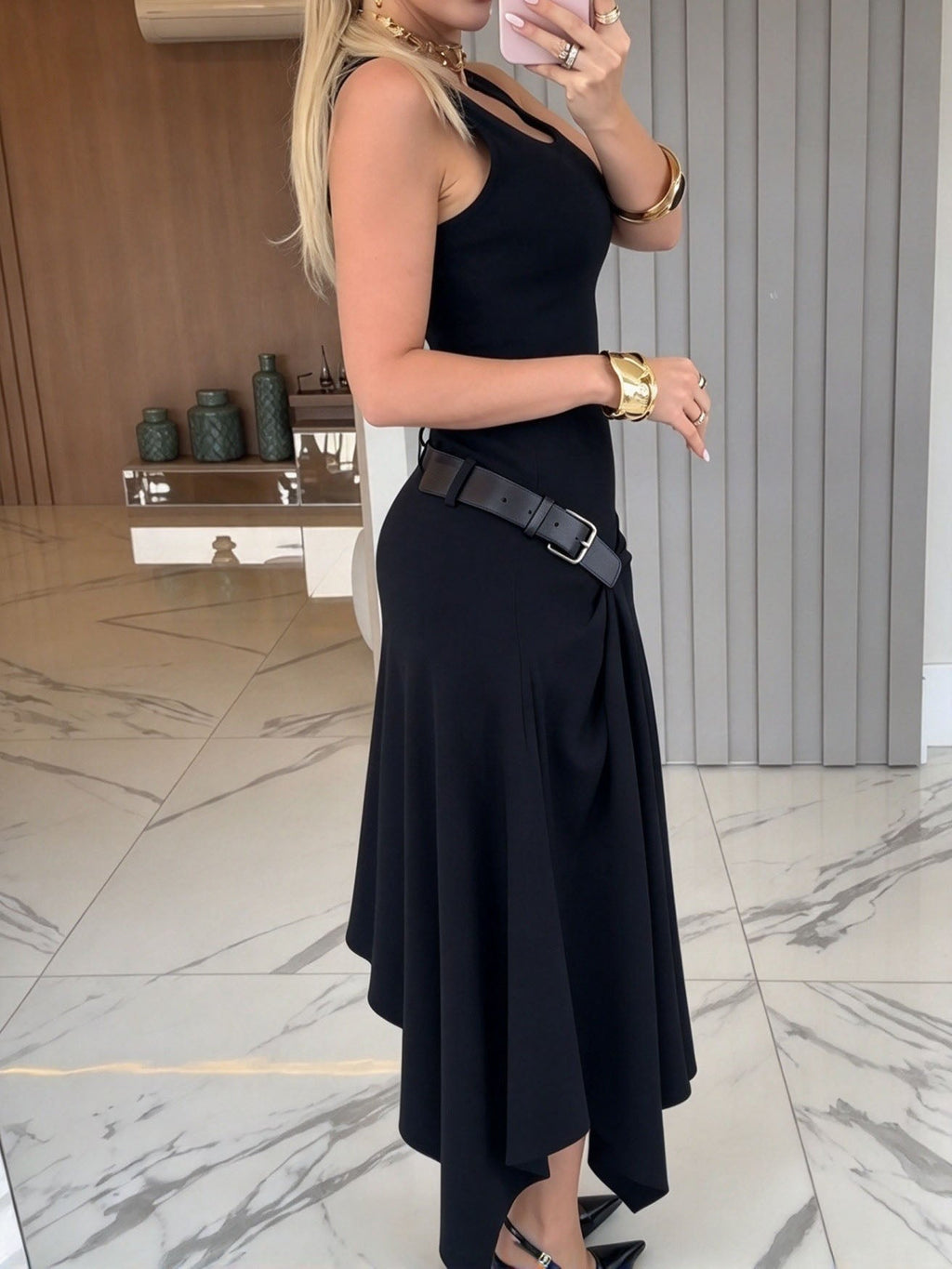 Belted Asymmetrical Hem Midi Dress