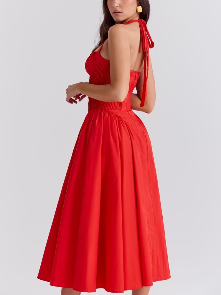 Red Backless Halter Midi Dress