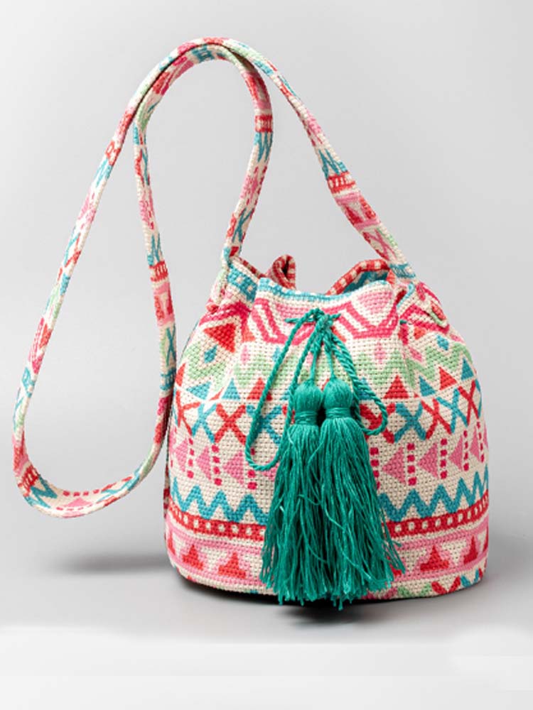 Printed Canvas Crossbody Barrel Bag