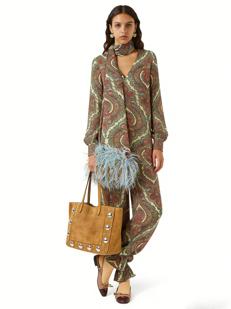 Paisley Print Relaxed Scarf Blouse & Elastic Hem Pants Set