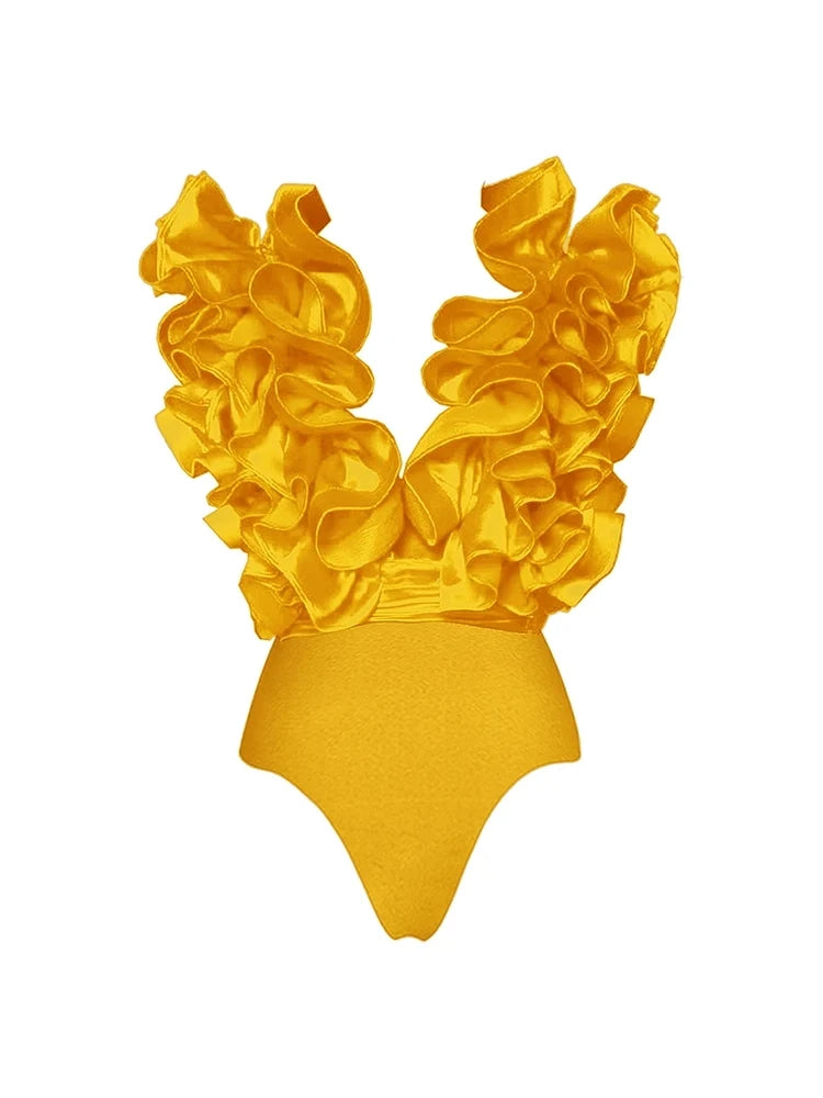 Ruffled V-Neck Yellow Swimsuit