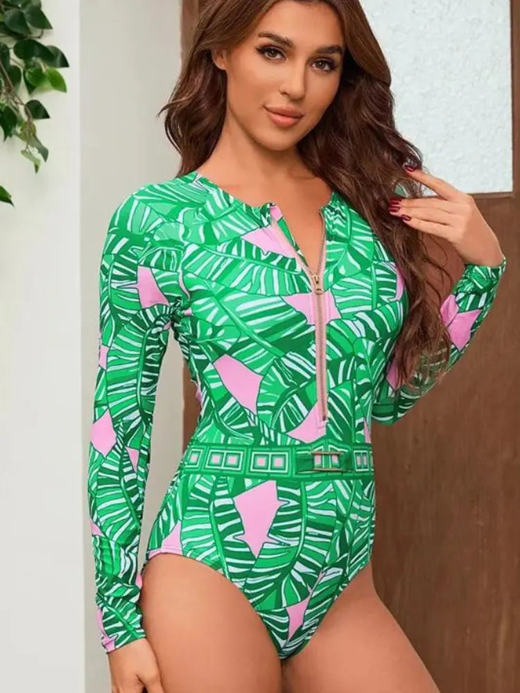 Green Zip Long Sleeve Printed Surf Swimsuit Set