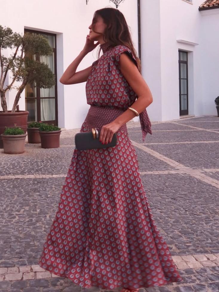 Retro Print Scarf Neck Top & Flowing Maxi Skirt Two-Piece Set