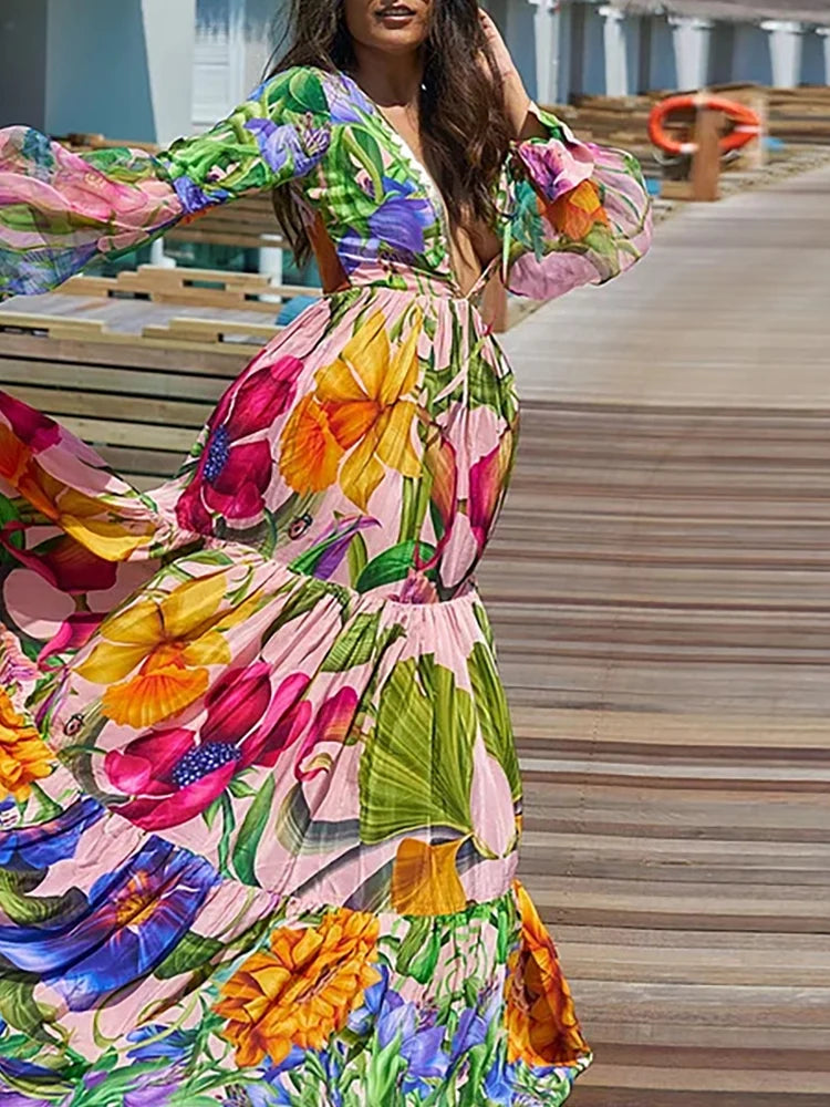 Deep V Lantern Sleeve Printed Swimsuit Set