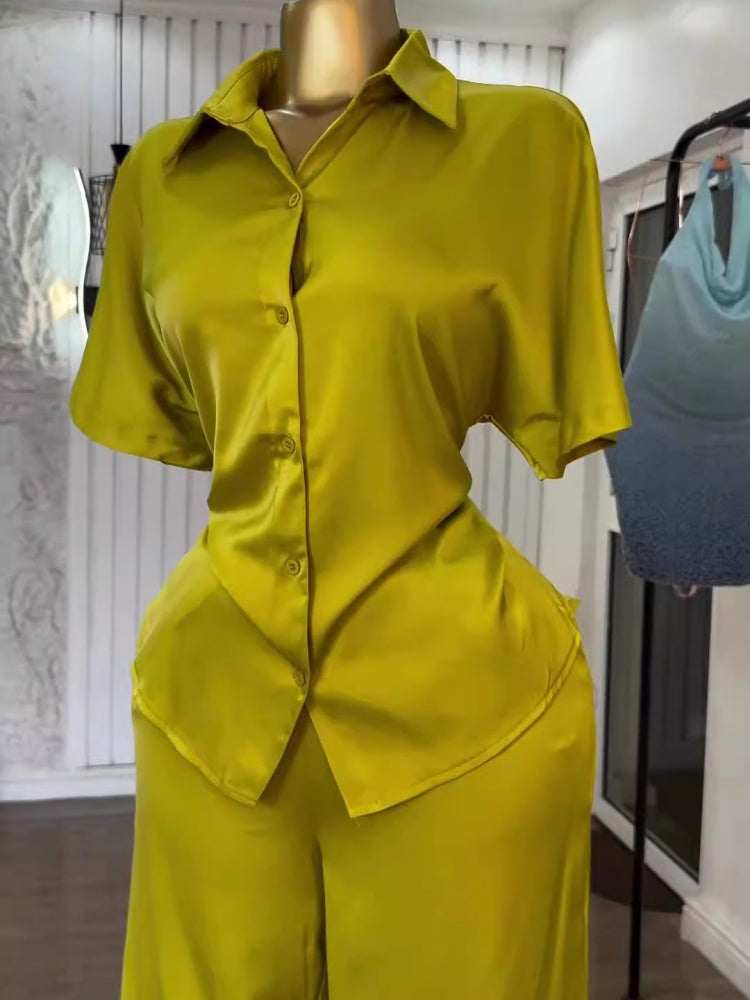 Yellow Backless Shirt Wide-Leg Trouser Set