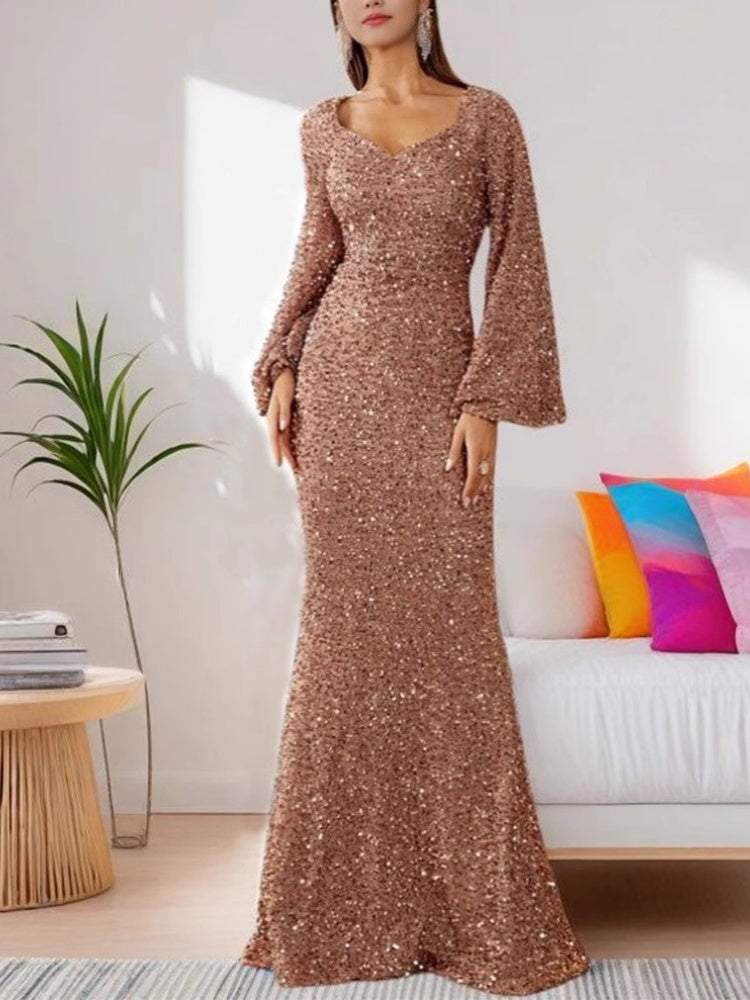 Sparkling Flare Sleeve Evening Gown