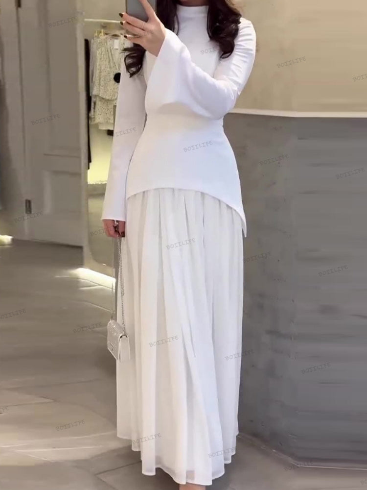 Color Block Splicing Slim Fit Lace-Up Long Sleeve Maxi Dress