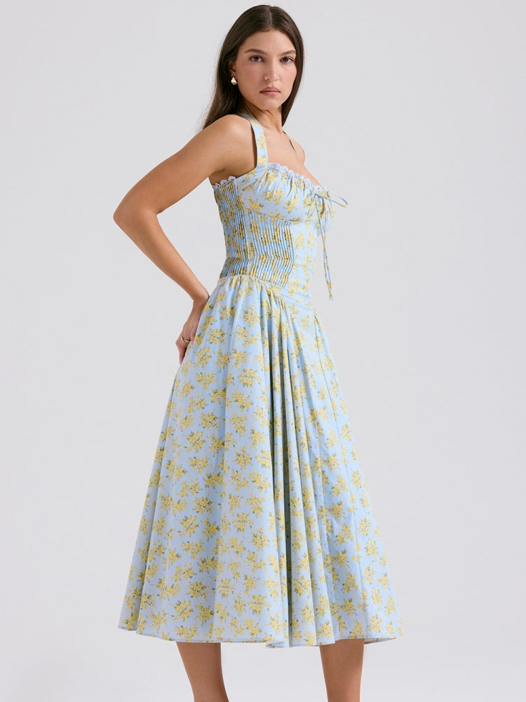 Soft Blue Vintage Floral Print Backless Tank Dress