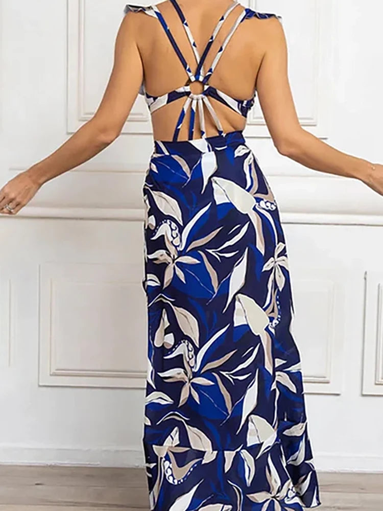 Off-Shoulder Tie-String Printed Cutout Monokini