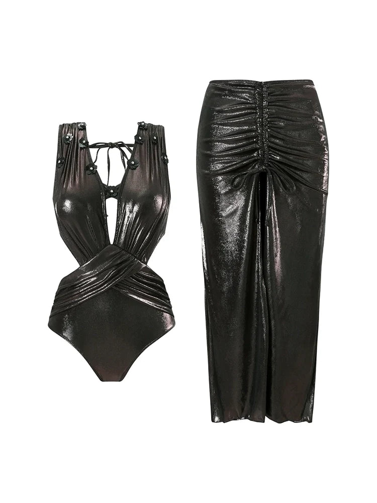 Black Sequin Appliqué Cutout Glossy Swimsuit