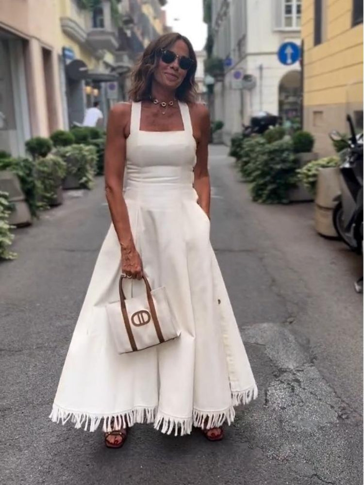 Boho Fringed White Maxi Dress with Pockets