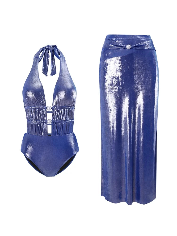 Glossy Mist Deep V Halter Pearl Swimsuit