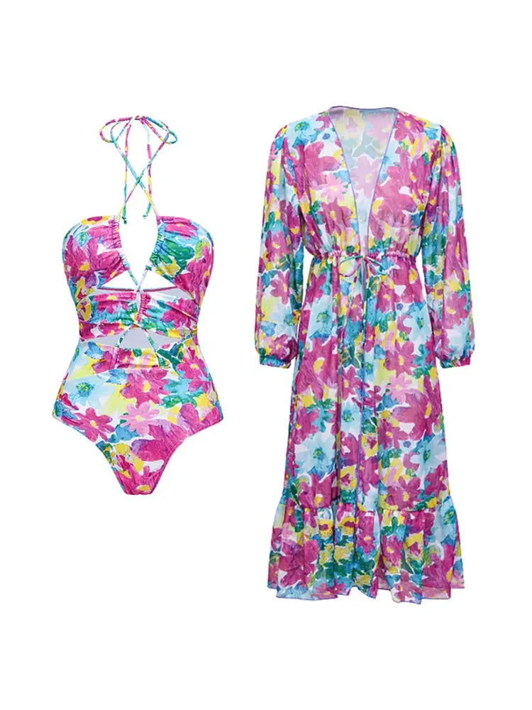 Cutout One Piece Swimsuit Set with Cover Up