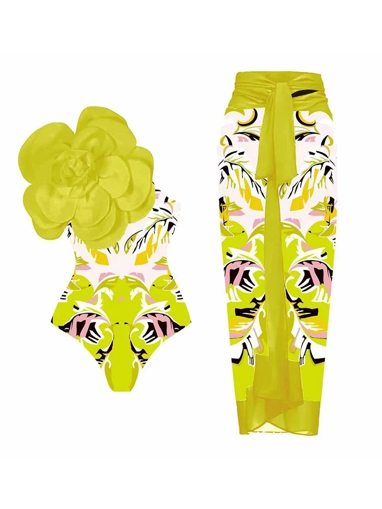 Floral Print One-Piece with 3D Yellow Flower