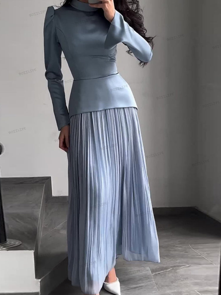 Color Block Splicing Slim Fit Lace-Up Long Sleeve Maxi Dress