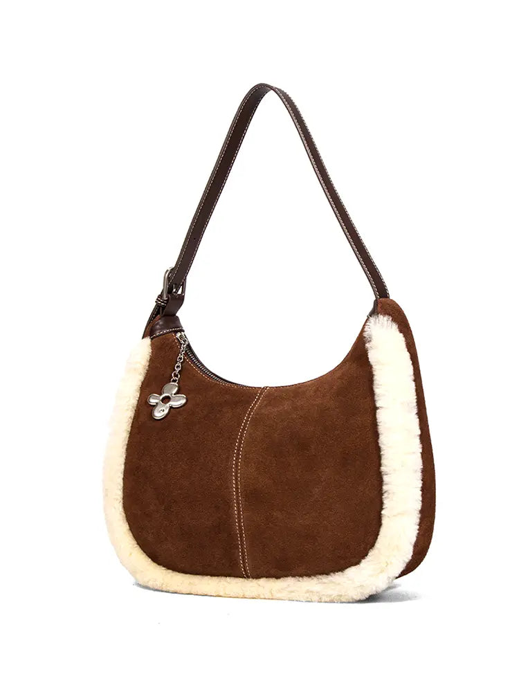 Shearling Crescent Hobo Shoulder Bag