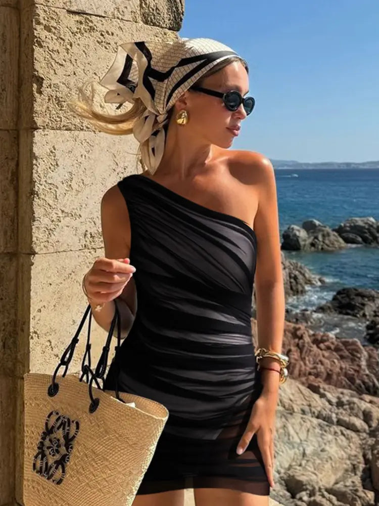 Black Mesh One Piece Swimsuit Set