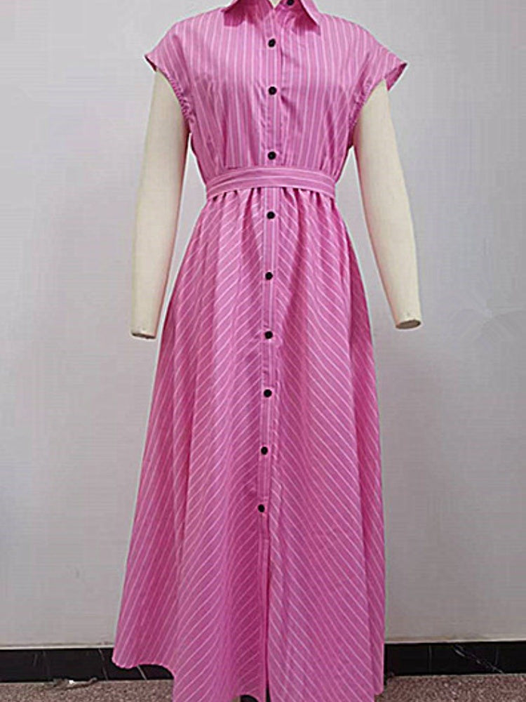 Striped Shirt-Collar Button Midi Dress